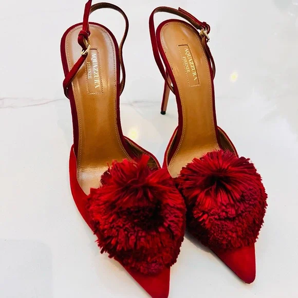 Aquazzura Red Pom Pom Heels - Picture 3 of 14